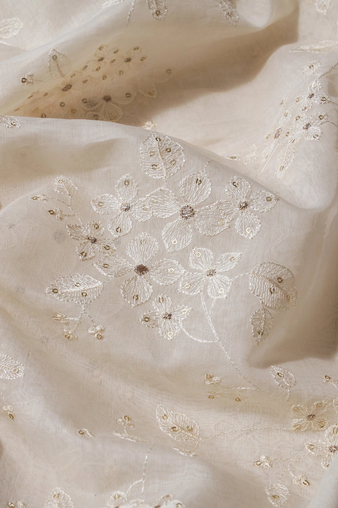 Beautiful Gold Sequins With Floral Embroidery On Cream Pure Banarasi Chanderi Silk Fabric - doeraa