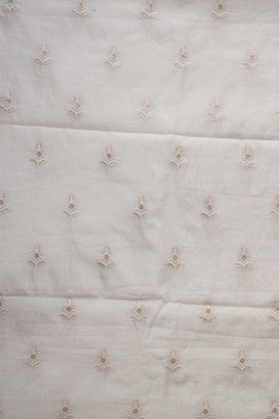 Beautiful Gold Sequins With Leafy Embroidery On Cream Pure Chanderi Silk Fabric - doeraa