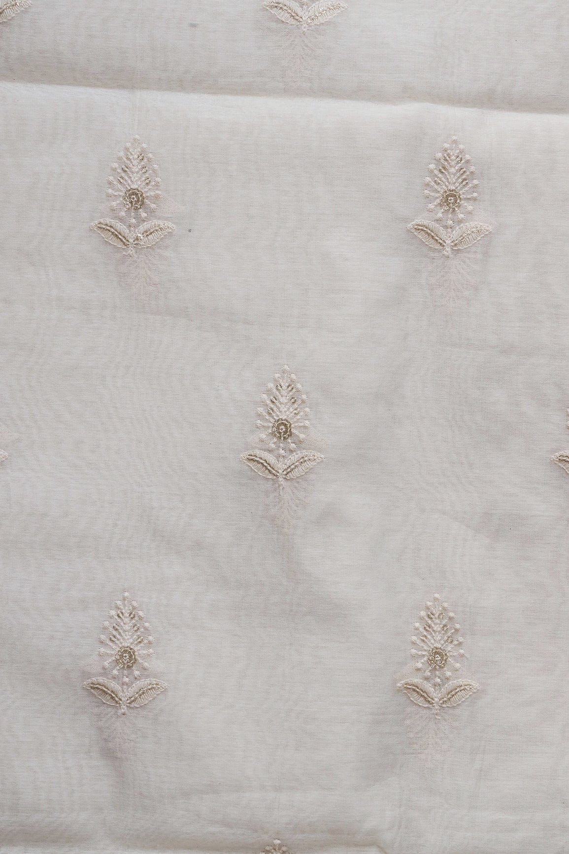 Beautiful Gold Sequins With Leafy Embroidery On Cream Pure Chanderi Silk Fabric - doeraa