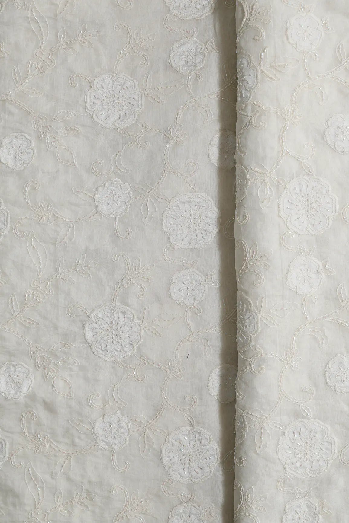 Beautiful Heavy Patch Work With Beads Floral Embroidery Design On Off White Pure Mul Chanderi Silk Fabric - doeraa