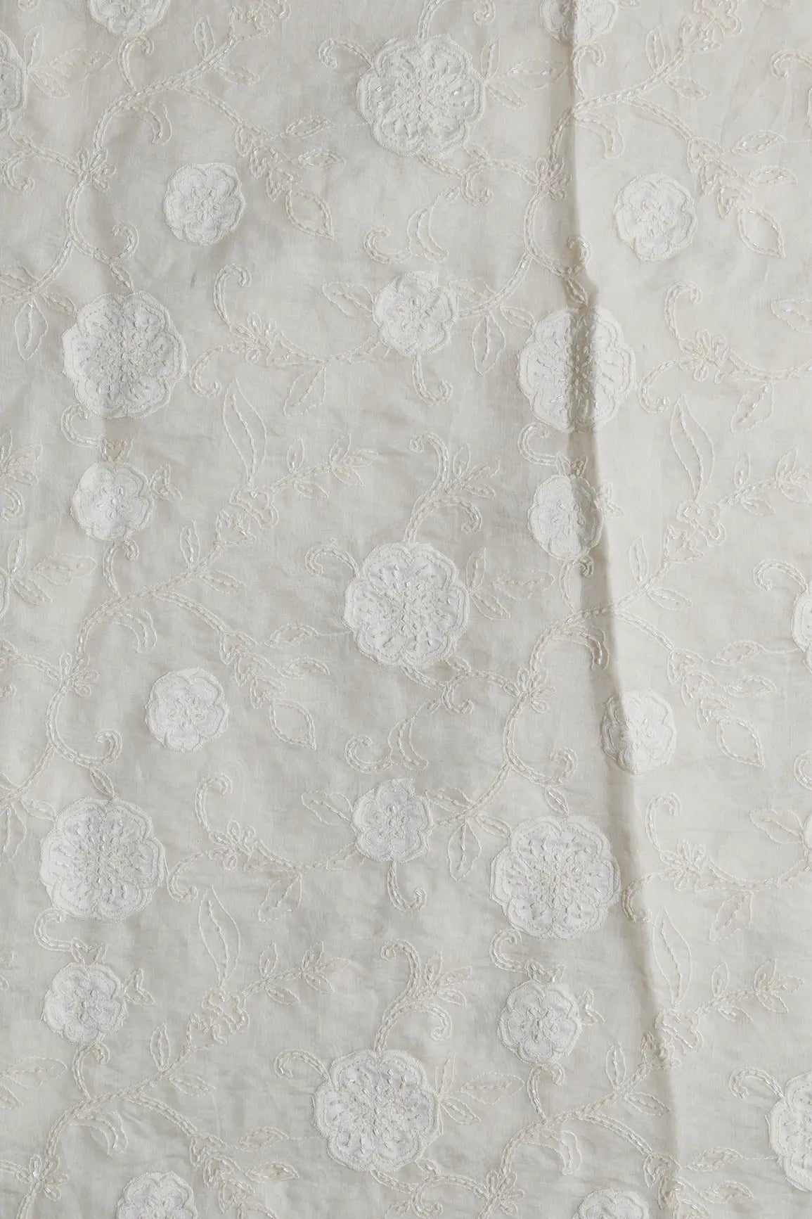 Beautiful Heavy Patch Work With Beads Floral Embroidery Design On Off White Pure Mul Chanderi Silk Fabric - doeraa