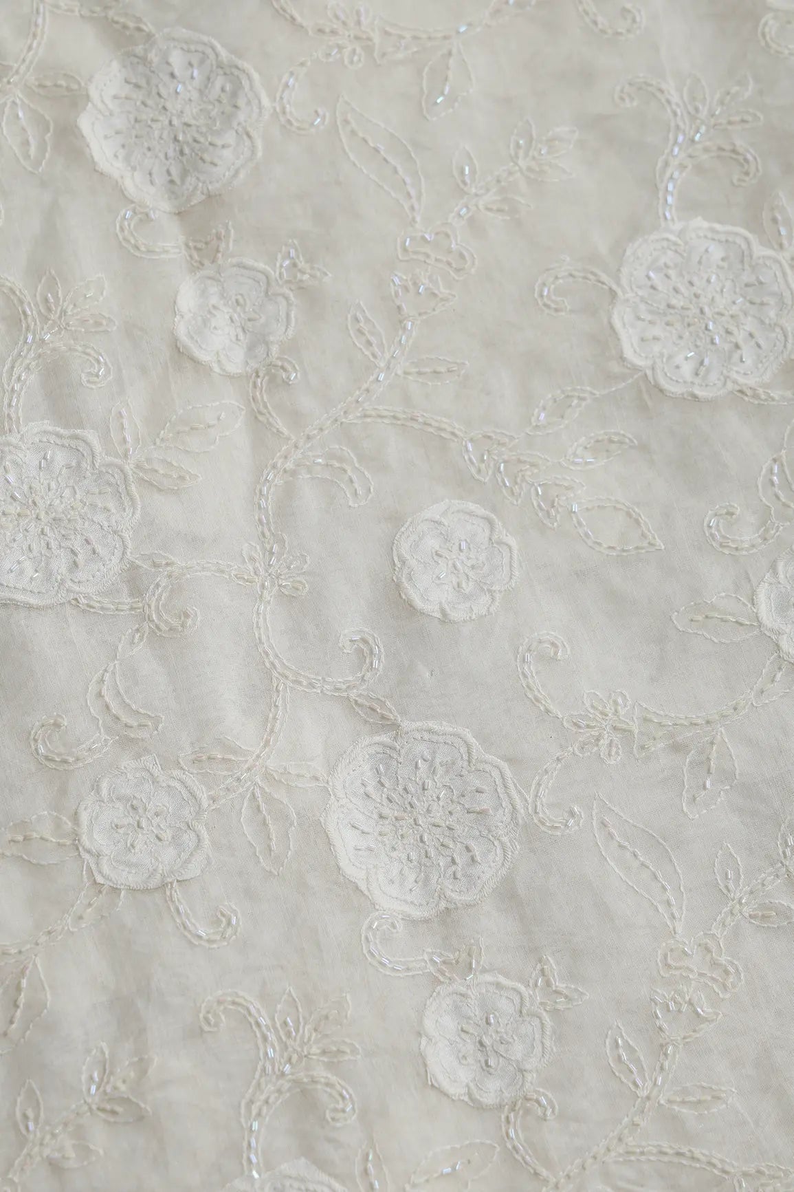 Beautiful Heavy Patch Work With Beads Floral Embroidery Design On Off White Pure Mul Chanderi Silk Fabric - doeraa