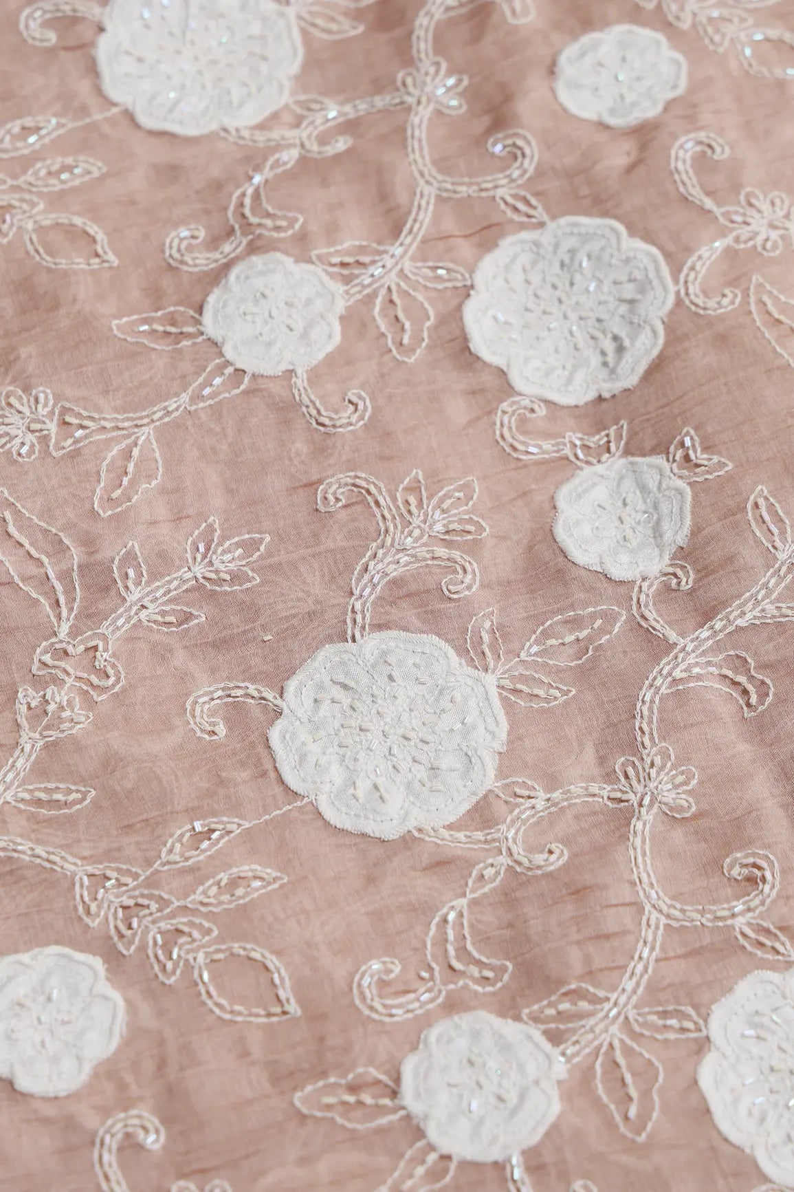 Beautiful Heavy Patch Work With Beads Floral Embroidery Design On Peach Pure Mul Chanderi Silk Fabric - doeraa