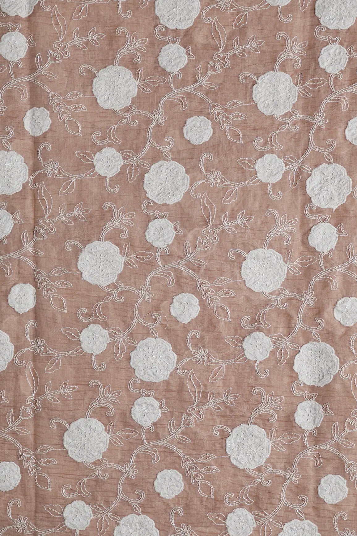 Beautiful Heavy Patch Work With Beads Floral Embroidery Design On Peach Pure Mul Chanderi Silk Fabric - doeraa