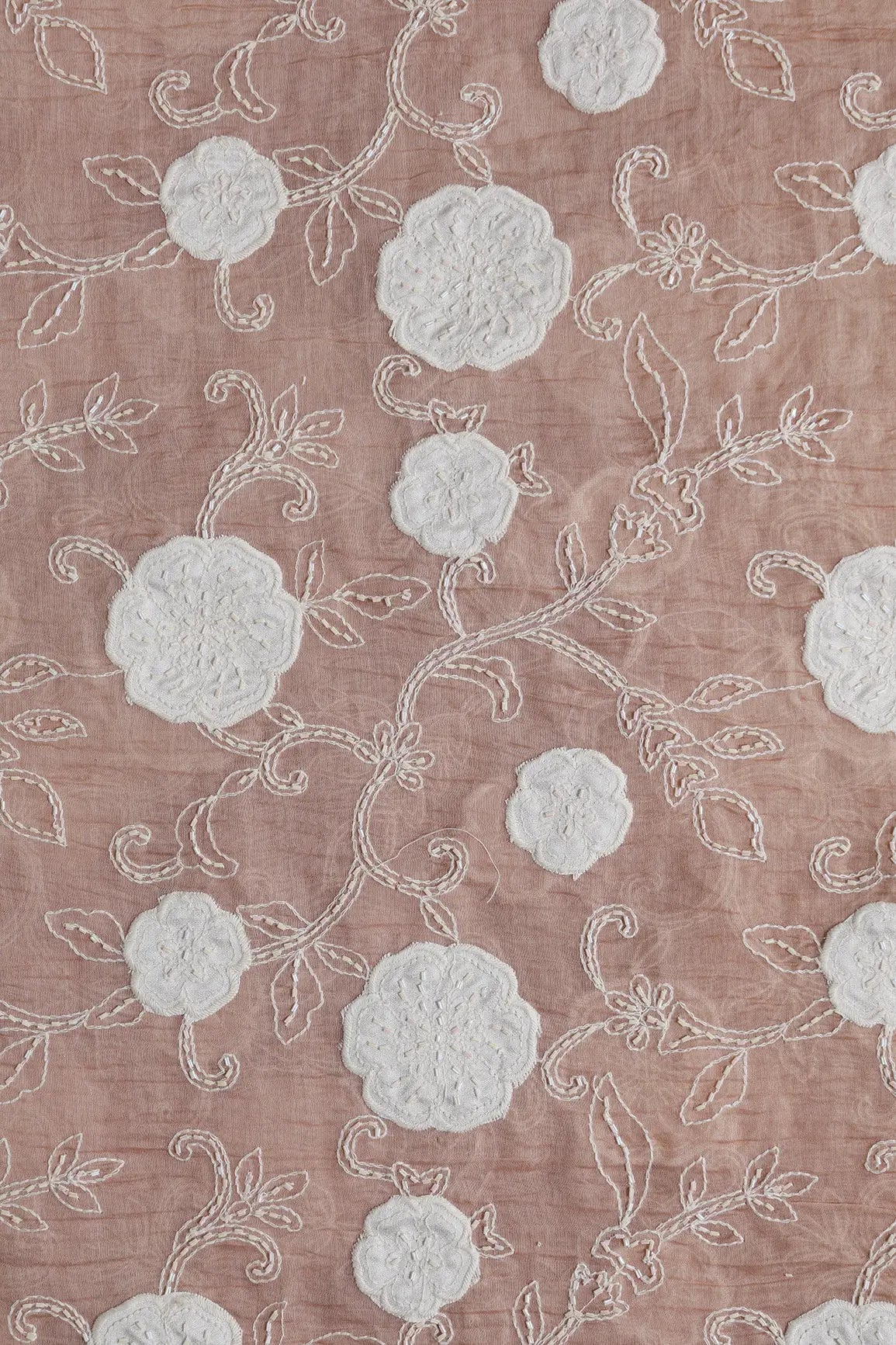 Beautiful Heavy Patch Work With Beads Floral Embroidery Design On Peach Pure Mul Chanderi Silk Fabric - doeraa