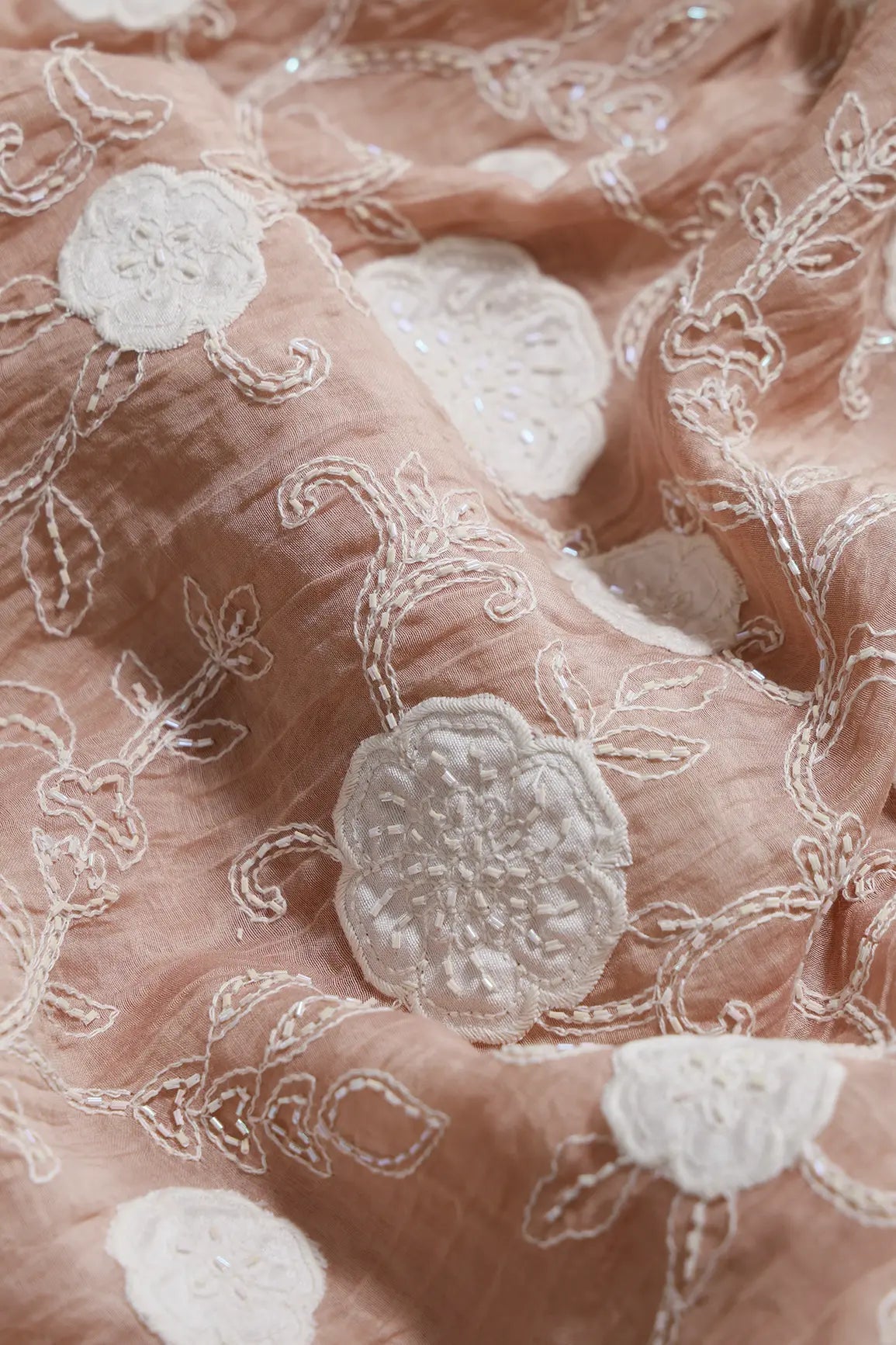 Beautiful Heavy Patch Work With Beads Floral Embroidery Design On Peach Pure Mul Chanderi Silk Fabric - doeraa