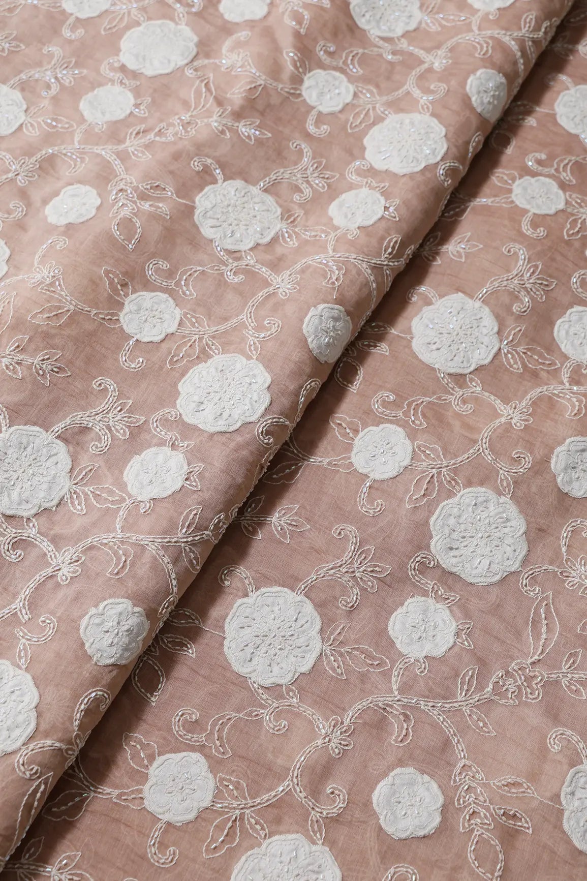 Beautiful Heavy Patch Work With Beads Floral Embroidery Design On Peach Pure Mul Chanderi Silk Fabric - doeraa