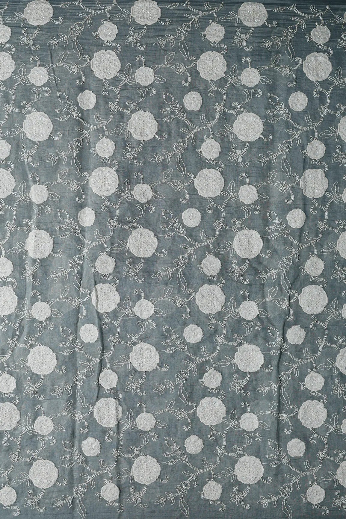 Beautiful Heavy Patch Work With Beads Floral Embroidery Design On Tempered Grey Pure Mul Chanderi Silk Fabric - doeraa