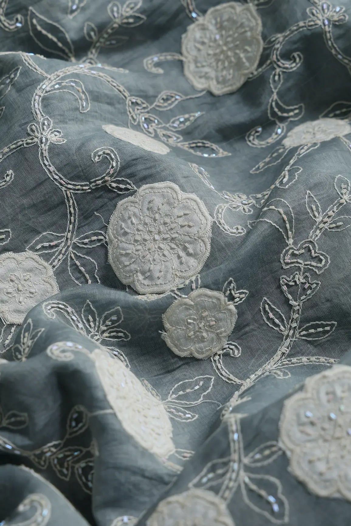 Beautiful Heavy Patch Work With Beads Floral Embroidery Design On Tempered Grey Pure Mul Chanderi Silk Fabric - doeraa