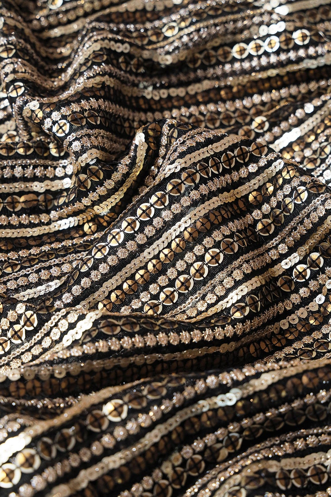 Beautiful Heavy Sequins With Zari Stripes Embroidery On Black Soft Net Fabric - doeraa
