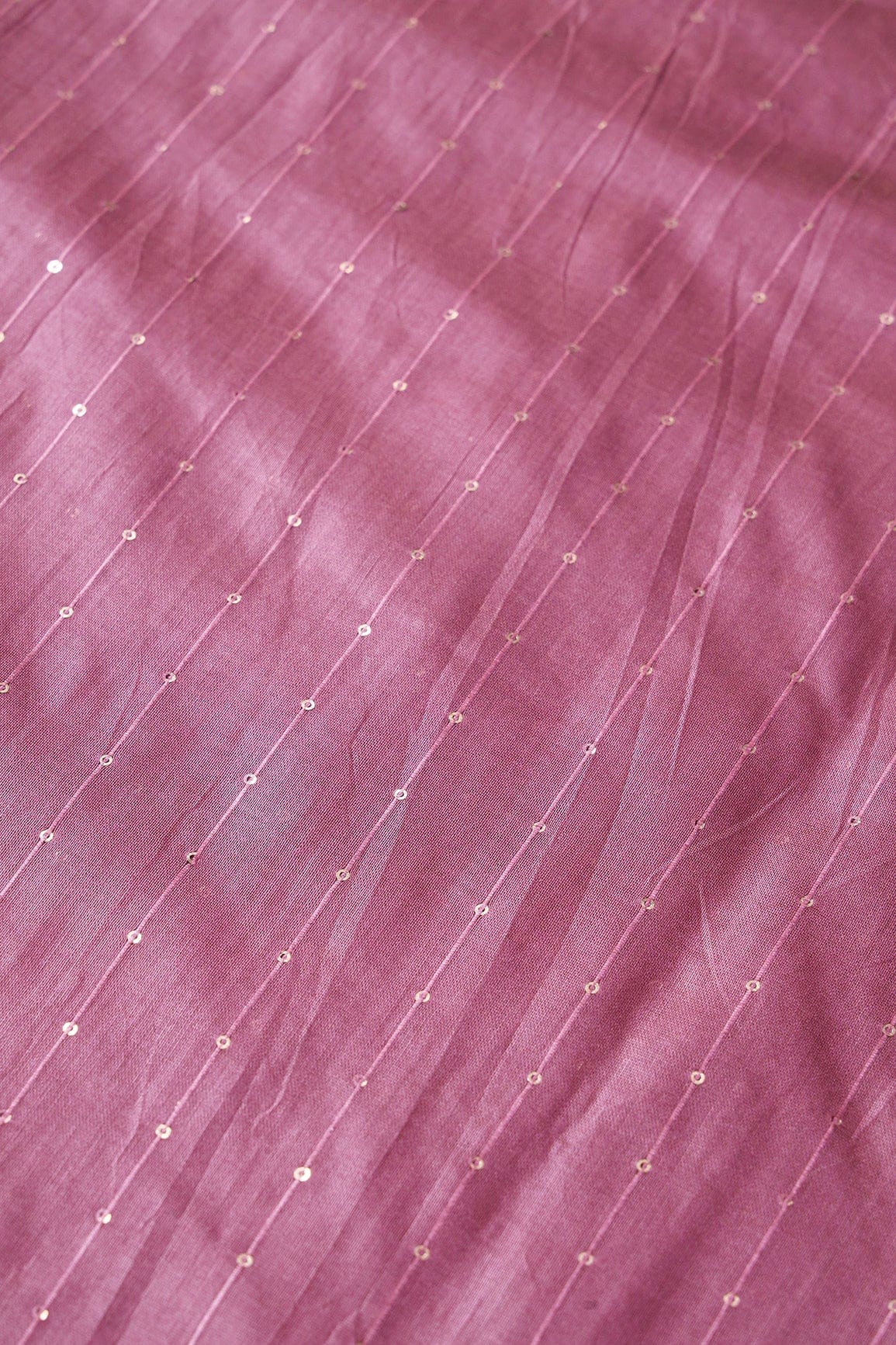 Beautiful Mauve Thread With Gold Sequins Stripes Embroidery On Mauve Viscose Chanderi Silk Fabric - doeraa