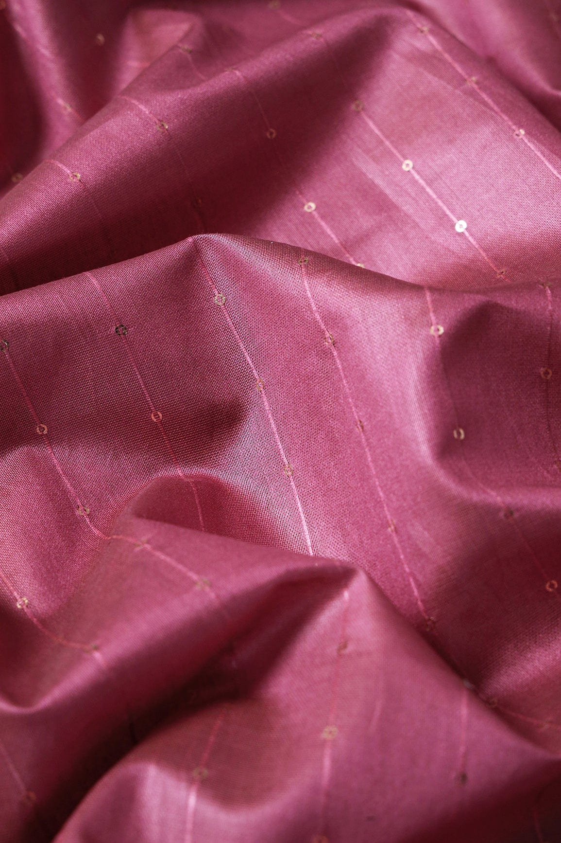 Beautiful Mauve Thread With Gold Sequins Stripes Embroidery On Mauve Viscose Chanderi Silk Fabric - doeraa