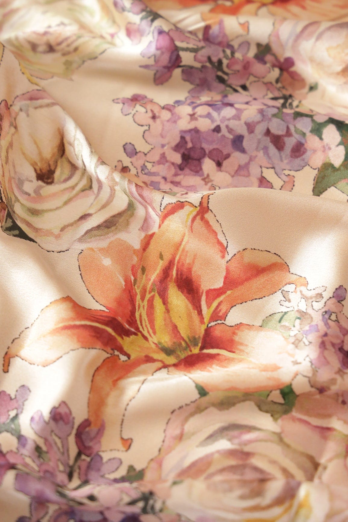 Beautiful Multi Color Floral Pattern Digital Print On Cream Satin Fabric - doeraa