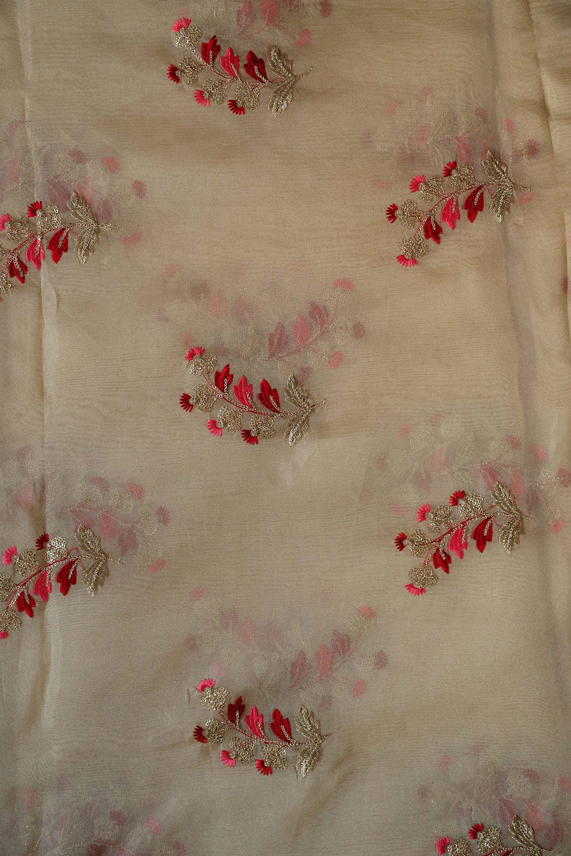 Beautiful Multi Color Leafy Embroidery Work On Beige Tissue Fabric - doeraa