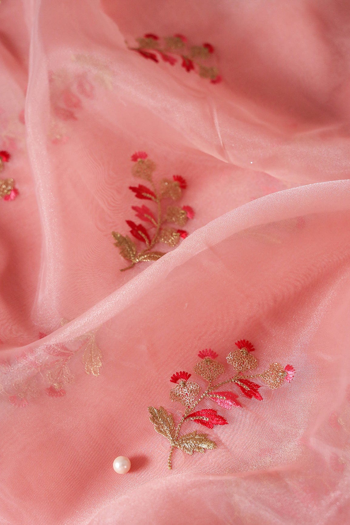 Beautiful Multi Color Leafy Embroidery Work On Peach Tissue Fabric - doeraa