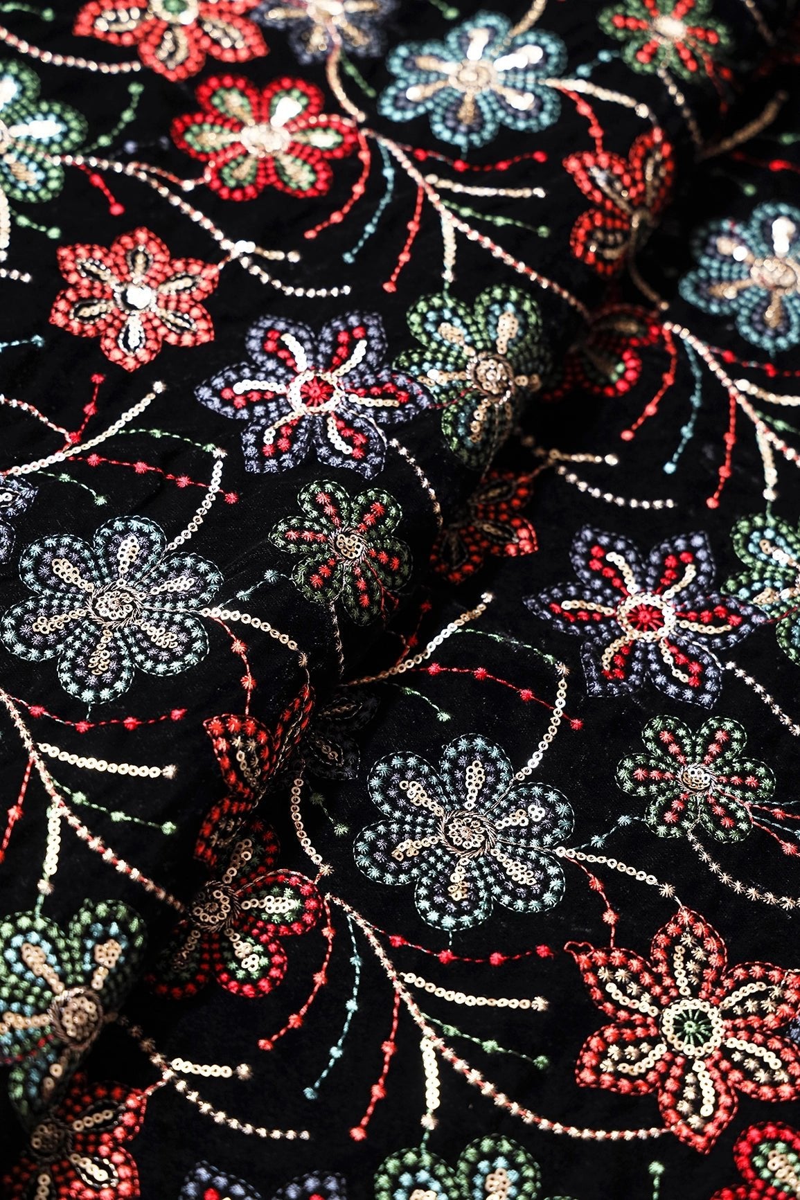 Beautiful Multi Color Thread With Sequins Floral Embroidery Work On Black Velvet Fabric - doeraa