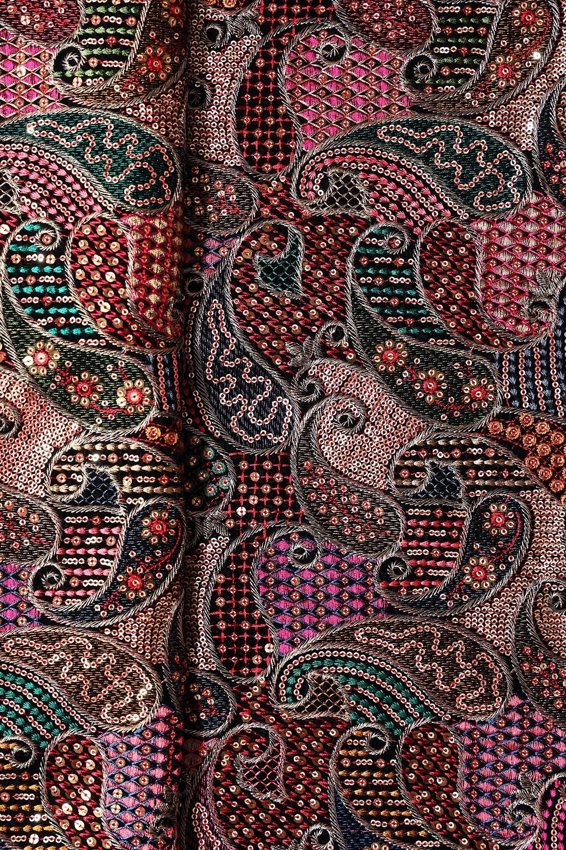 Beautiful Multi Color Thread With Sequins Paisley Embroidery Work On Black Velvet Fabric - doeraa