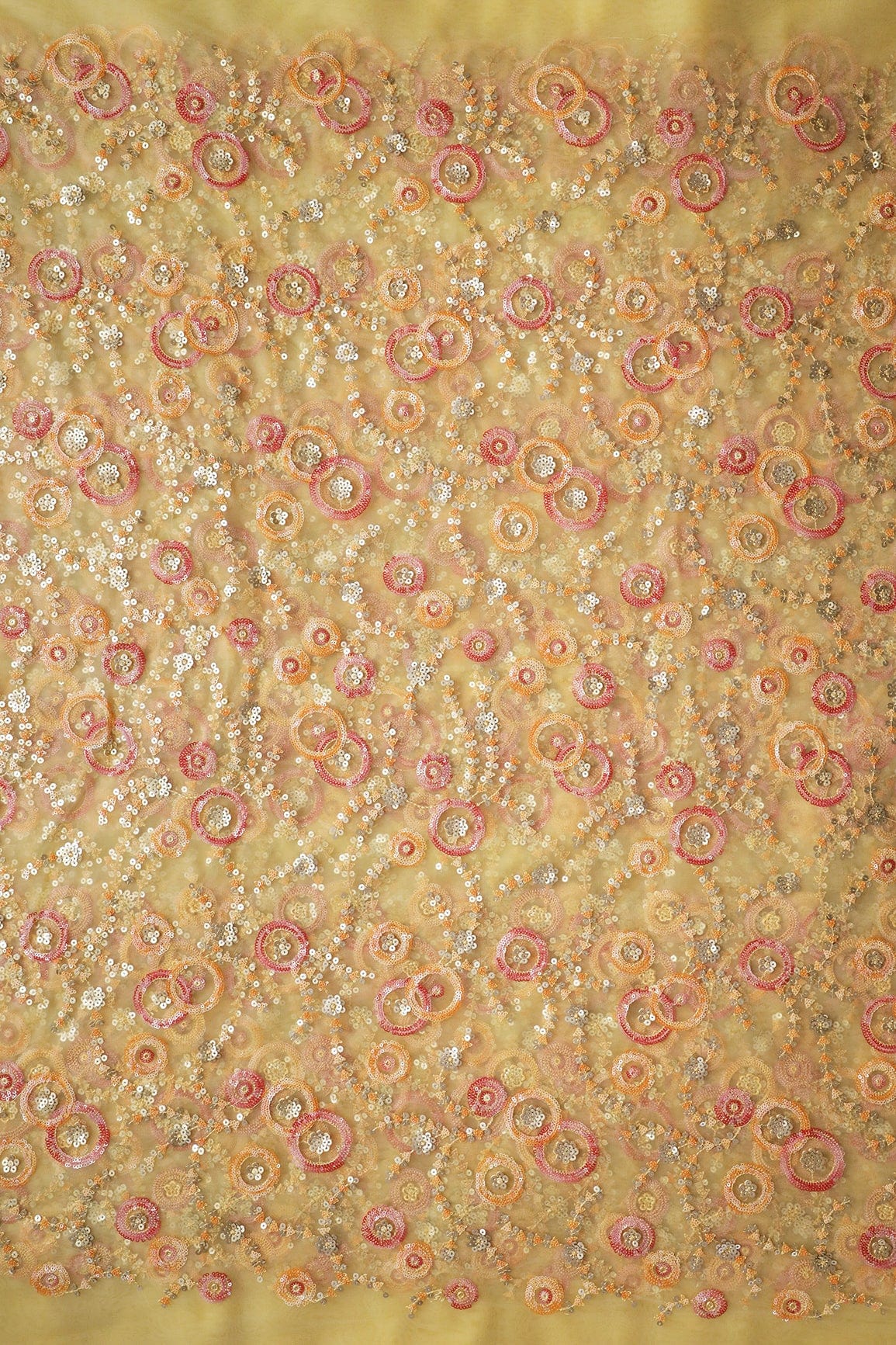 Beautiful Multi Sequins Geometric Embroidery Work On Yellow Soft Net Fabric - doeraa