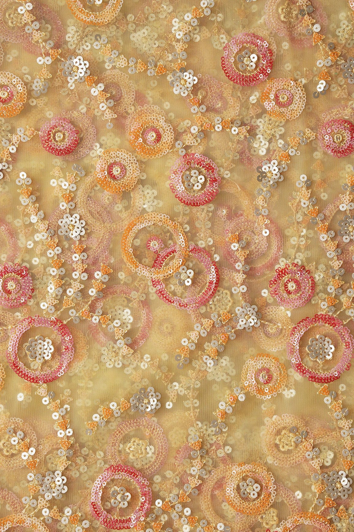 Beautiful Multi Sequins Geometric Embroidery Work On Yellow Soft Net Fabric - doeraa