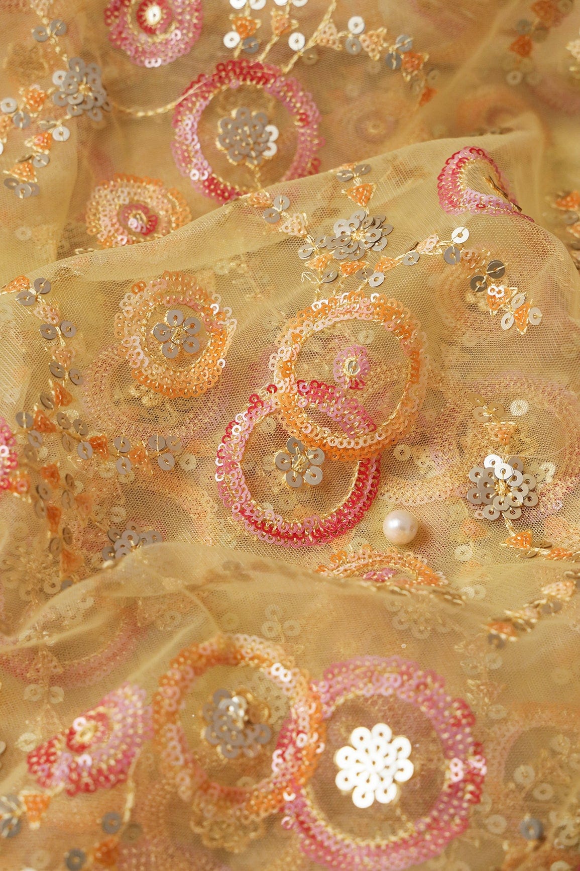 Beautiful Multi Sequins Geometric Embroidery Work On Yellow Soft Net Fabric - doeraa