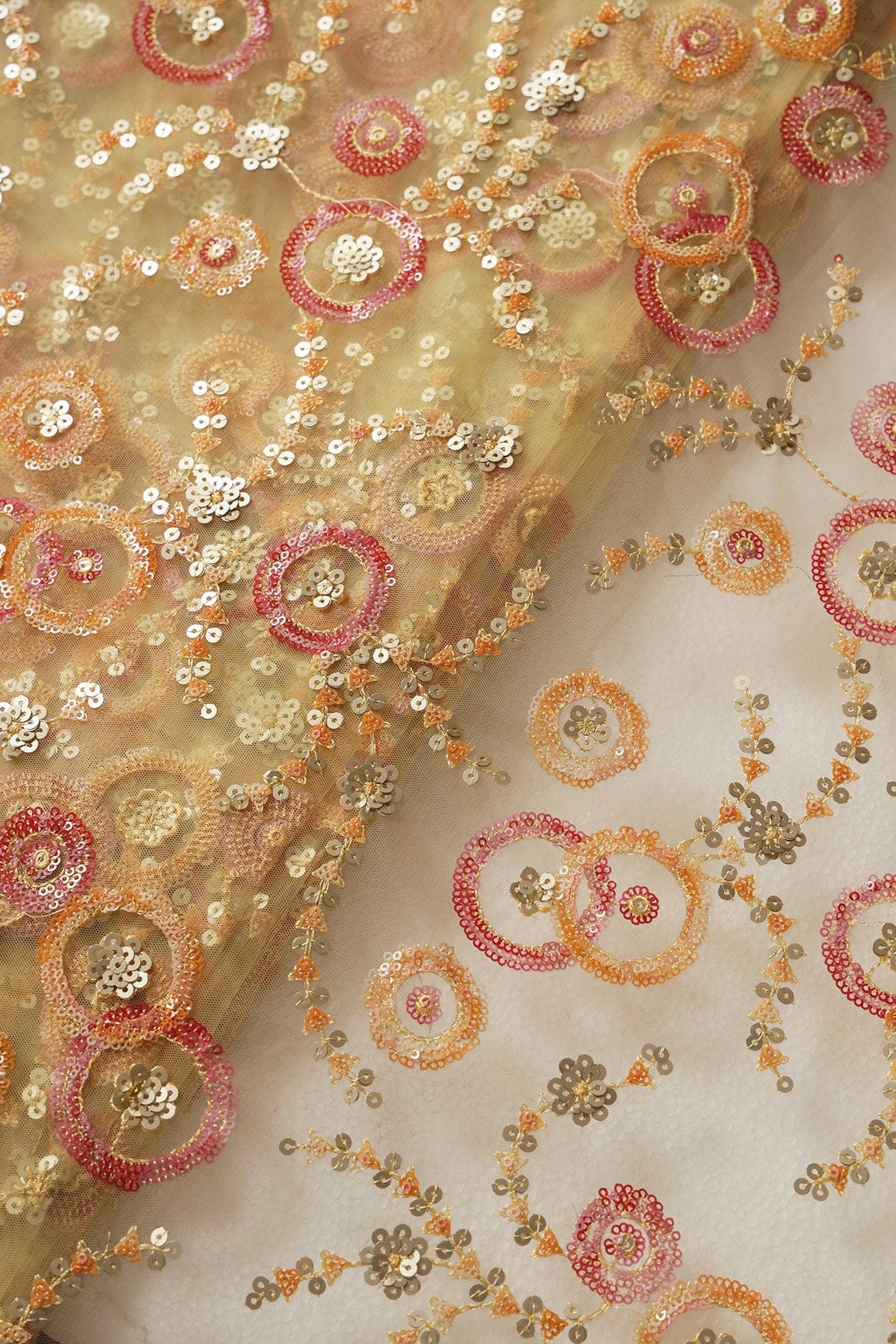 Beautiful Multi Sequins Geometric Embroidery Work On Yellow Soft Net Fabric - doeraa