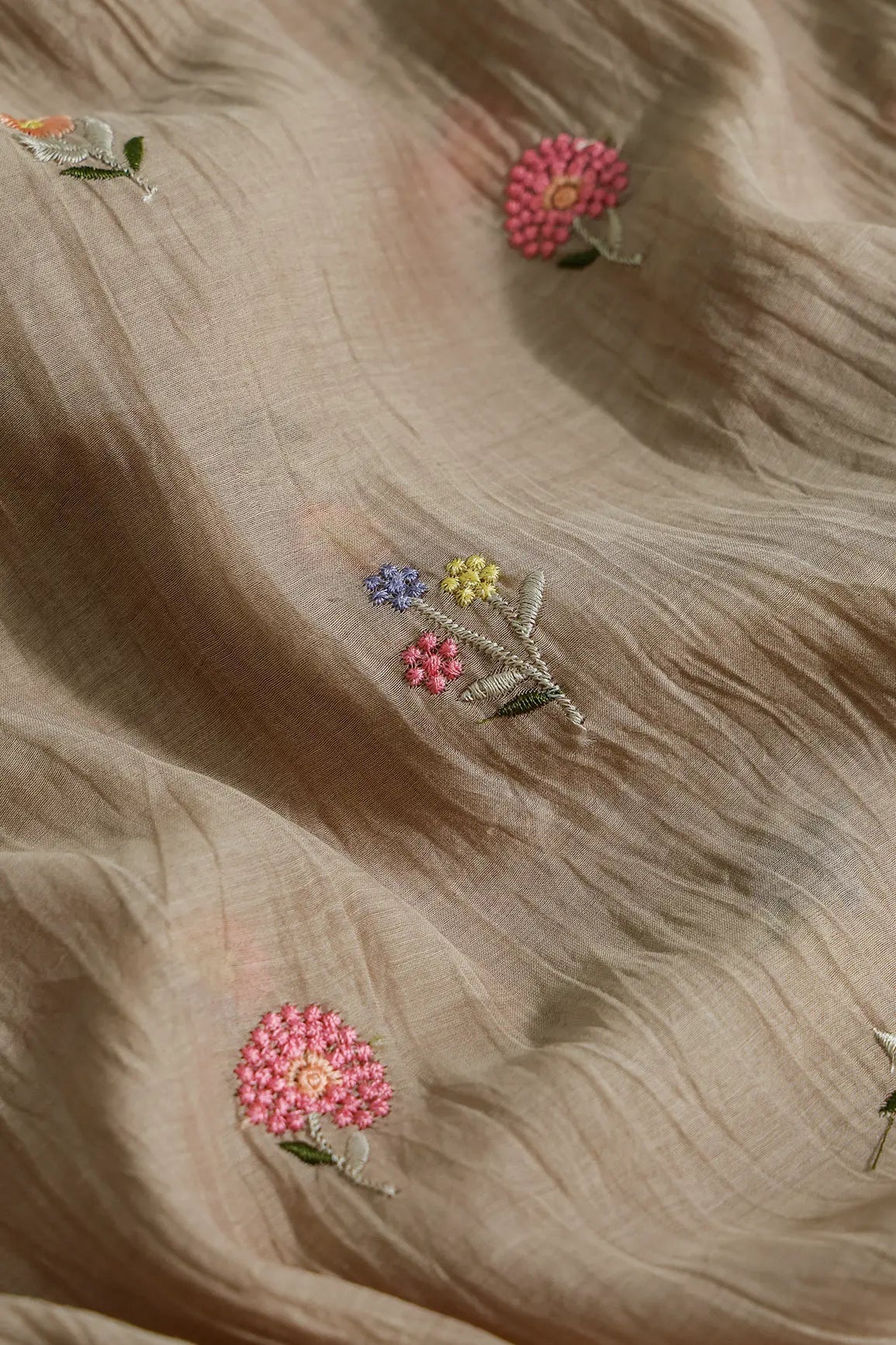 Beautiful Multi Thread Floral Embroidery Work On Light Brown Pure Mul Chanderi Silk Fabric - doeraa