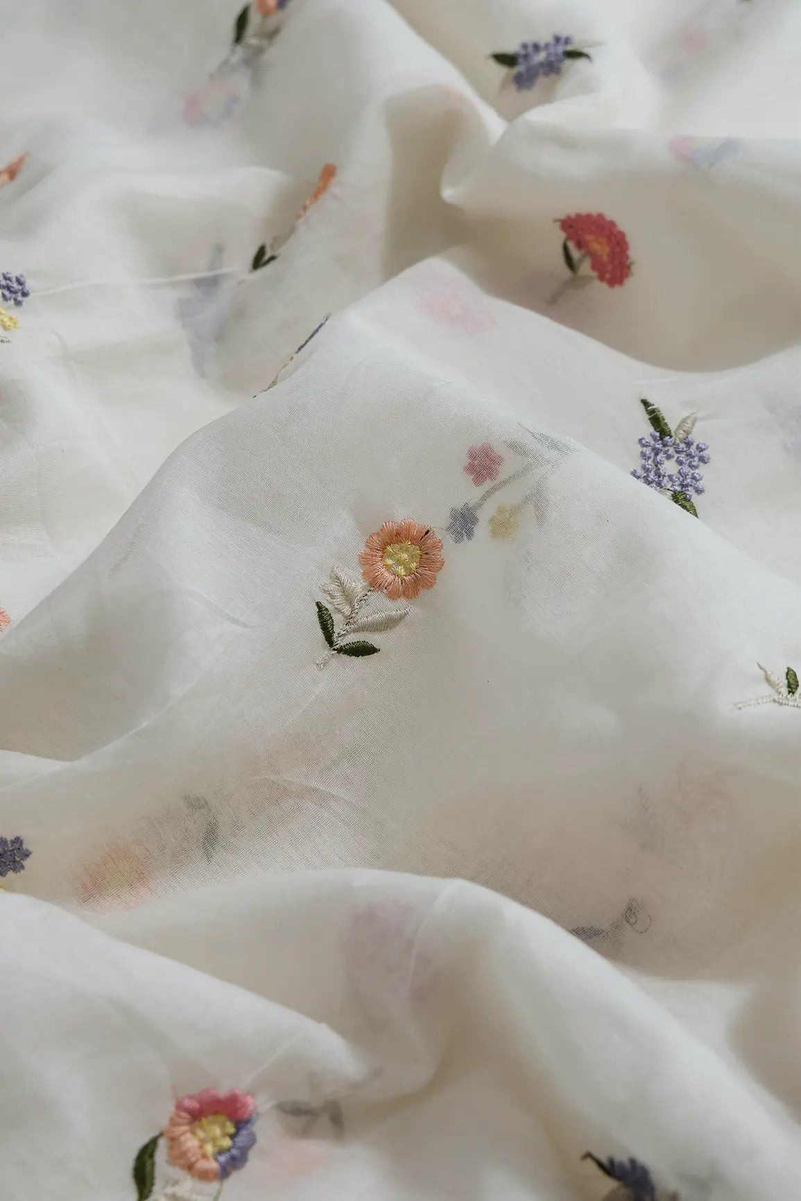 Beautiful Multi Thread Floral Embroidery Work On Off White Pure Mul Chanderi Silk Fabric - doeraa