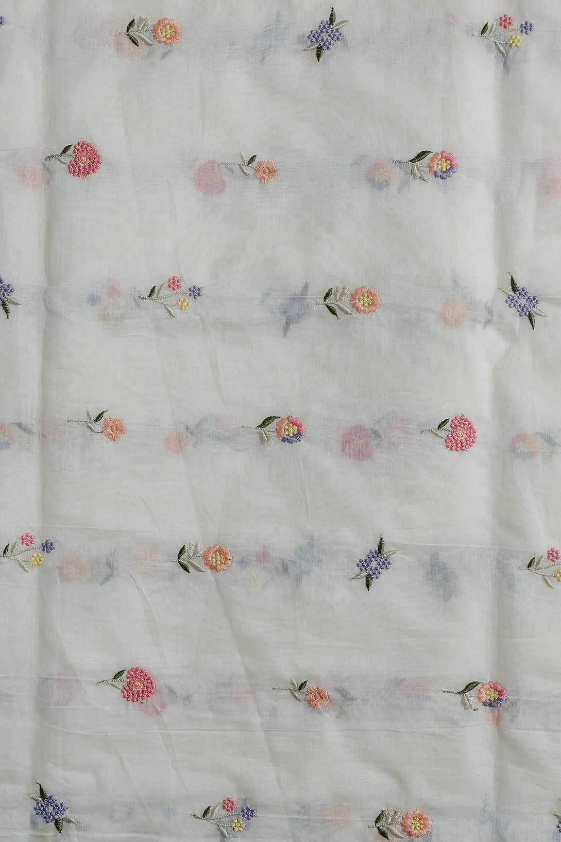 Beautiful Multi Thread Floral Embroidery Work On Off White Pure Mul Chanderi Silk Fabric - doeraa