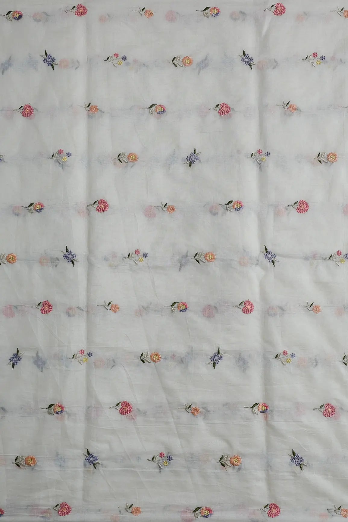 Beautiful Multi Thread Floral Embroidery Work On Off White Pure Mul Chanderi Silk Fabric - doeraa