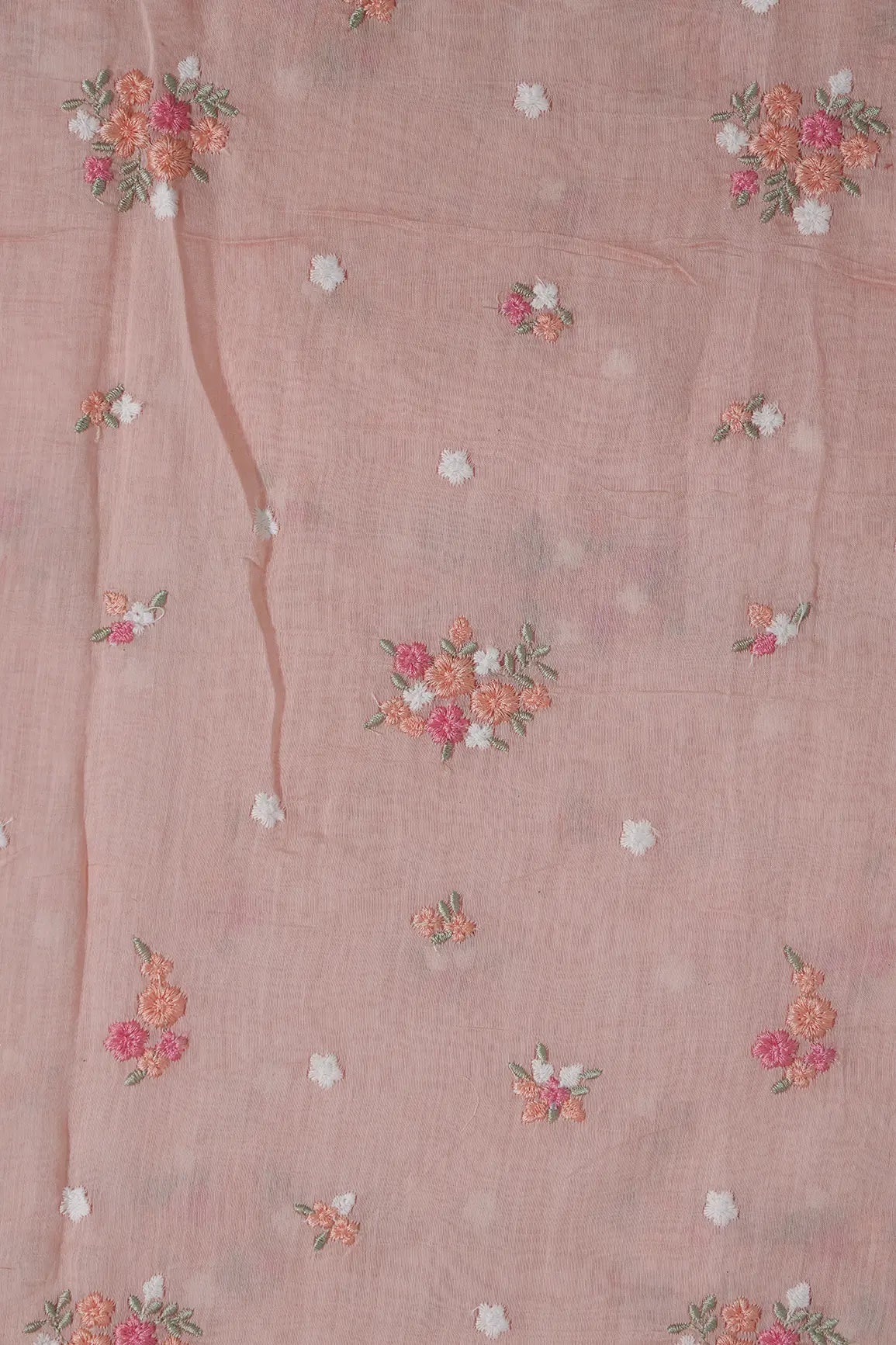 Beautiful Multi Thread Floral Embroidery Work On Peach Pure Mul Chanderi Silk Fabric - doeraa