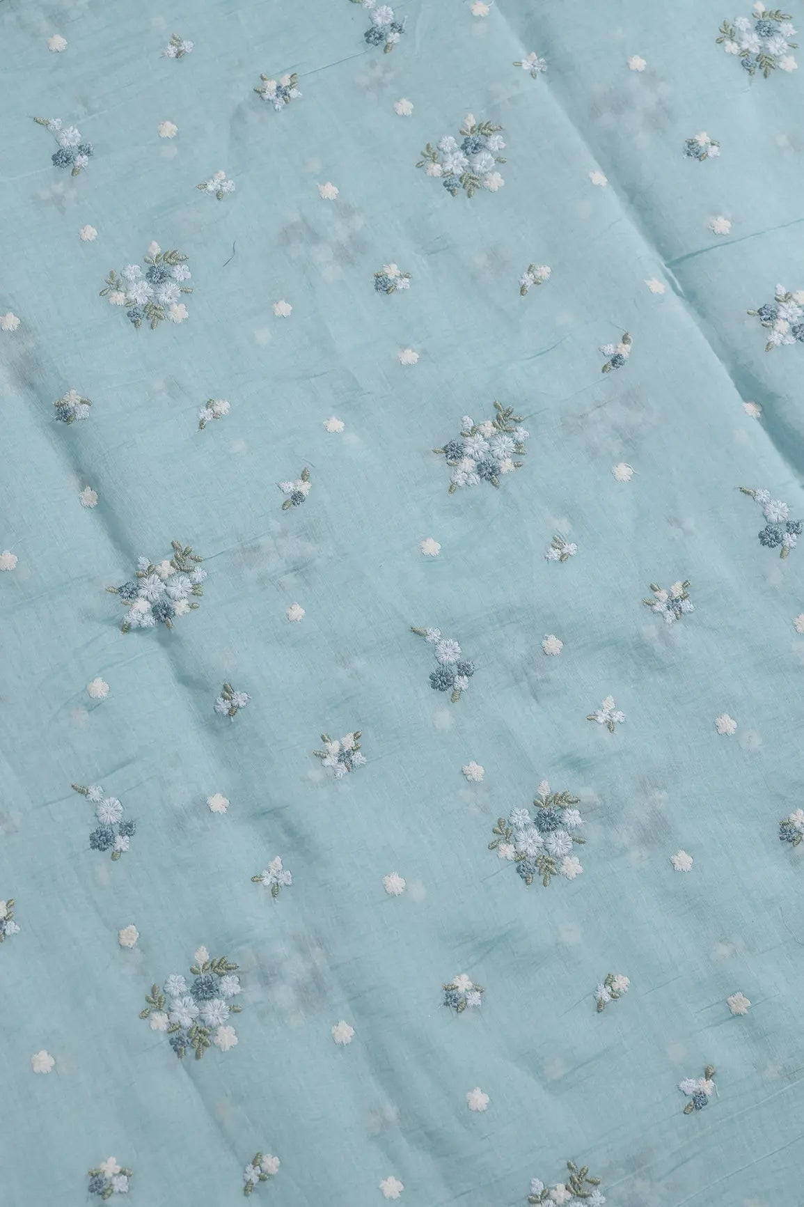 Beautiful Multi Thread Floral Embroidery Work On Powder Blue Pure Mul Chanderi Silk Fabric - doeraa