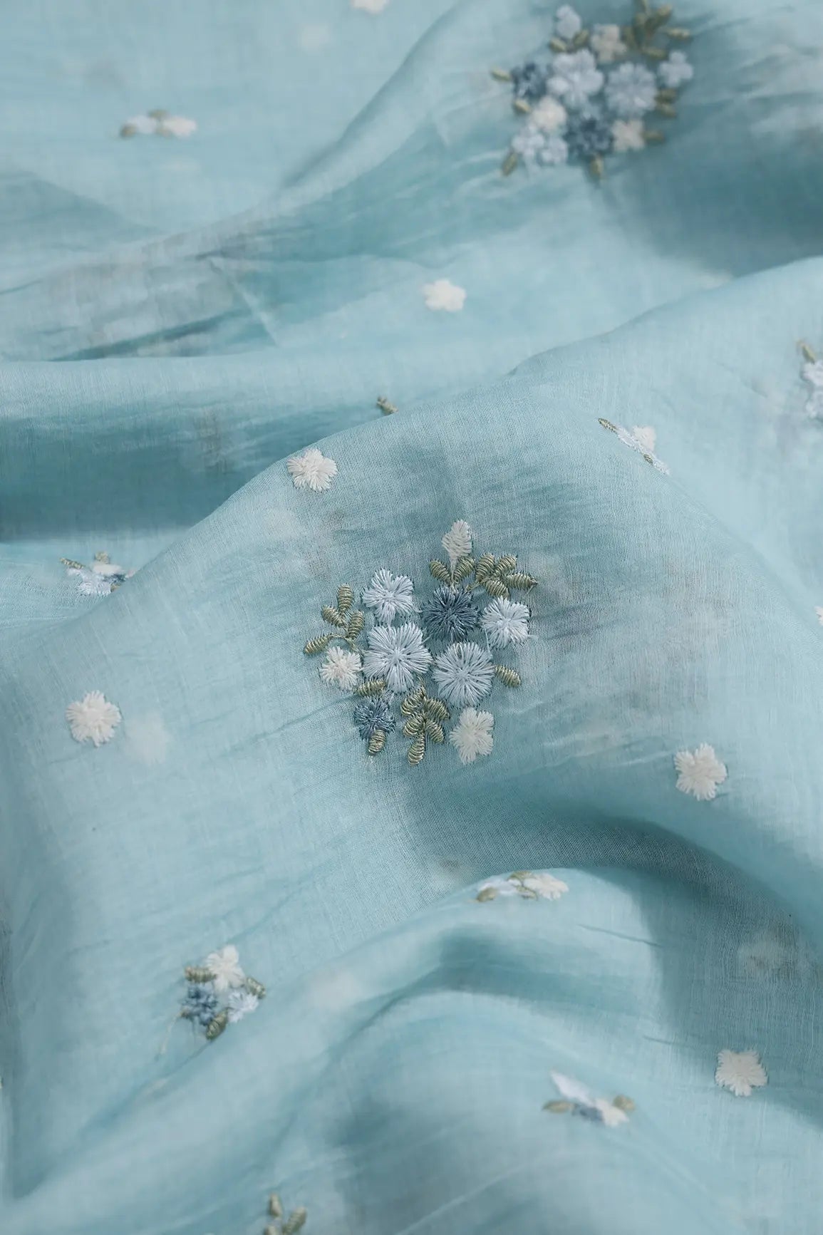 Beautiful Multi Thread Floral Embroidery Work On Powder Blue Pure Mul Chanderi Silk Fabric - doeraa
