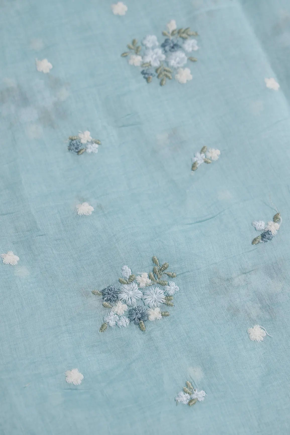 Beautiful Multi Thread Floral Embroidery Work On Powder Blue Pure Mul Chanderi Silk Fabric - doeraa