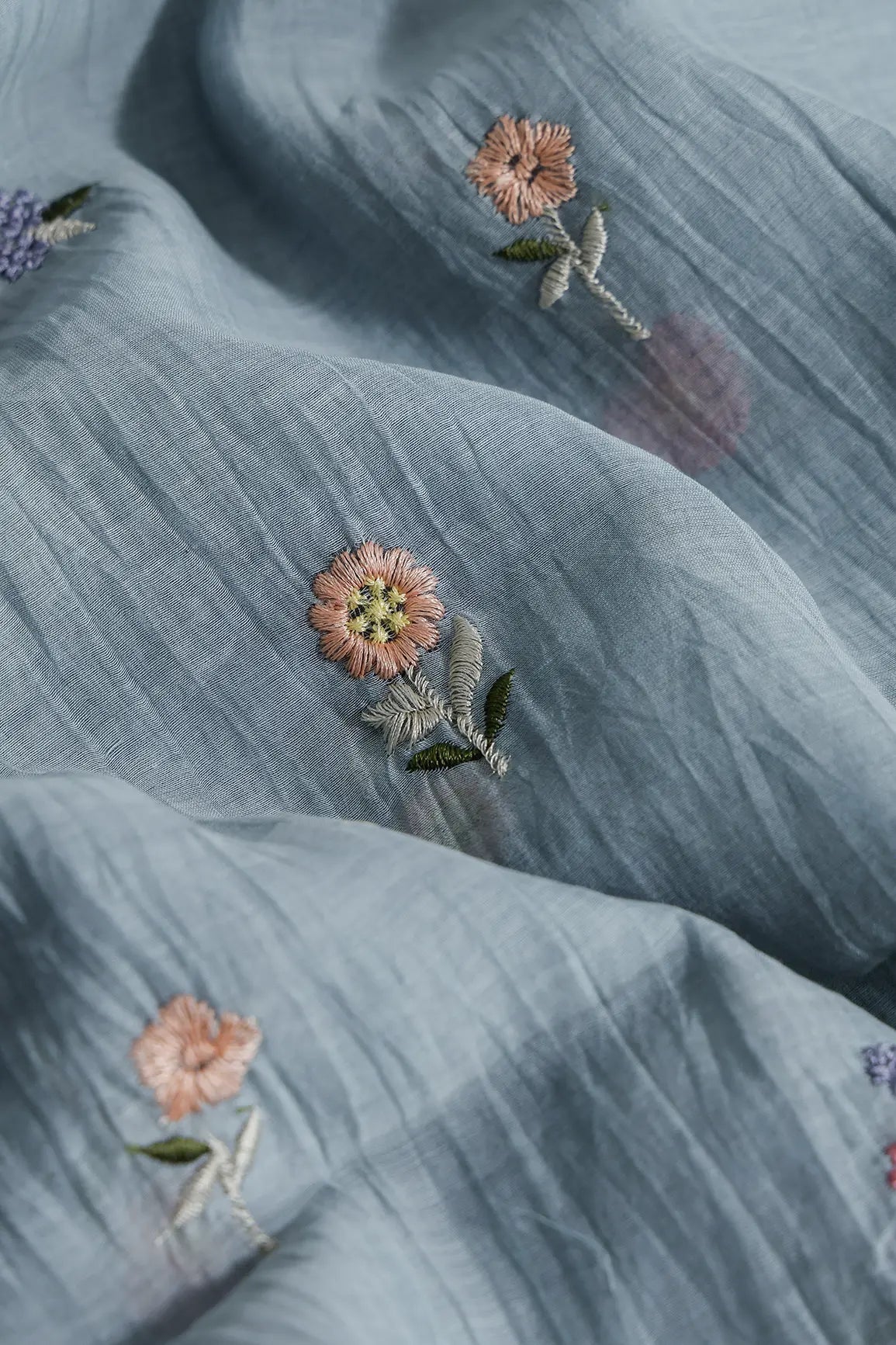 Beautiful Multi Thread Floral Embroidery Work On Tempered Grey Pure Mul Chanderi Silk Fabric - doeraa