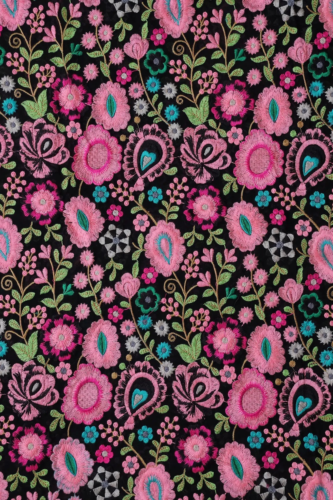 Beautiful Multi Thread Floral Heavy Embroidery On Black Georgette Fabric - doeraa