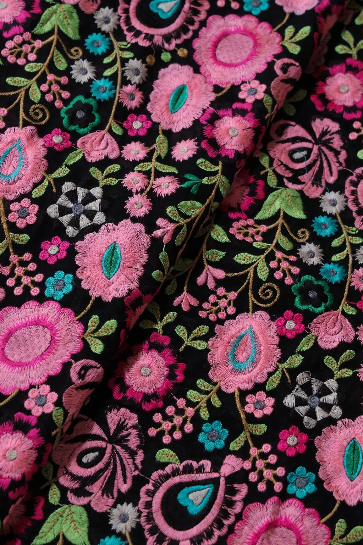 Beautiful Multi Thread Floral Heavy Embroidery On Black Georgette Fabric - doeraa