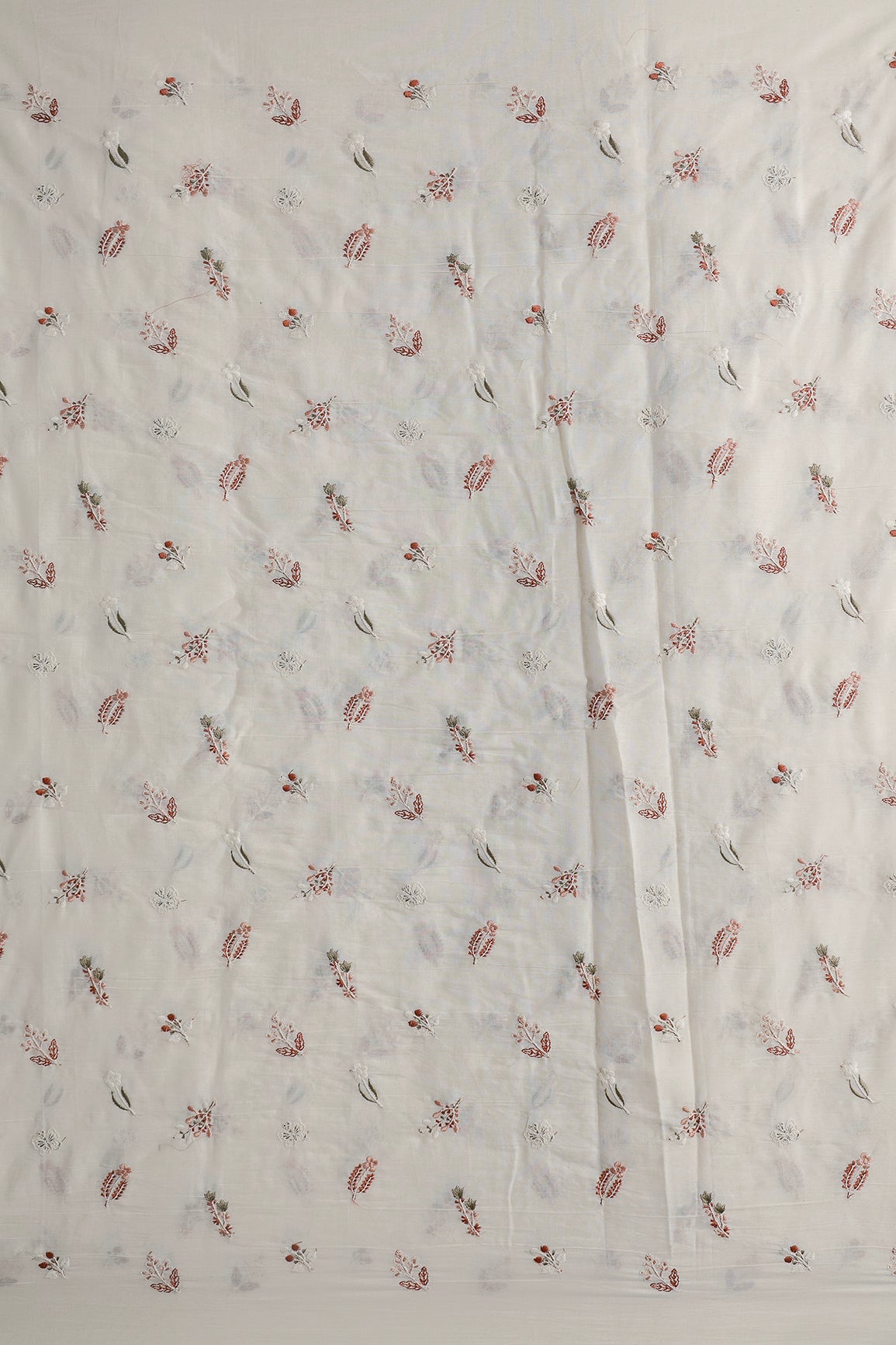 Beautiful Multi Thread Leafy Embroidery Work On Off White Organic Cotton Fabric - doeraa