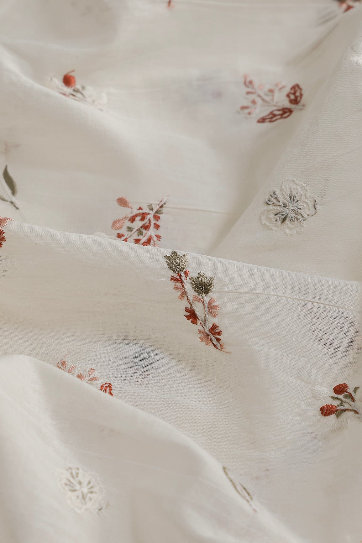 Beautiful Multi Thread Leafy Embroidery Work On Off White Organic Cotton Fabric - doeraa
