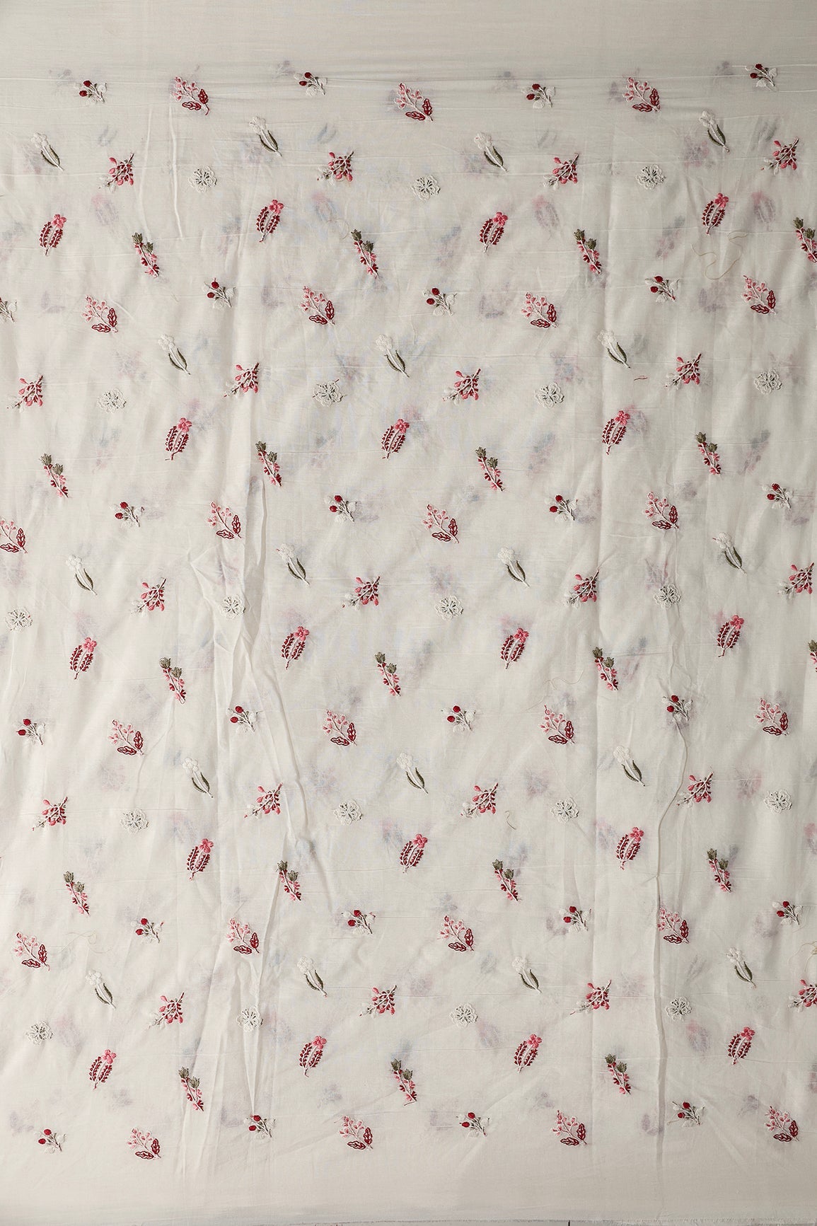 Beautiful Multi Thread Leafy Embroidery Work On Off White Organic Cotton Fabric - doeraa