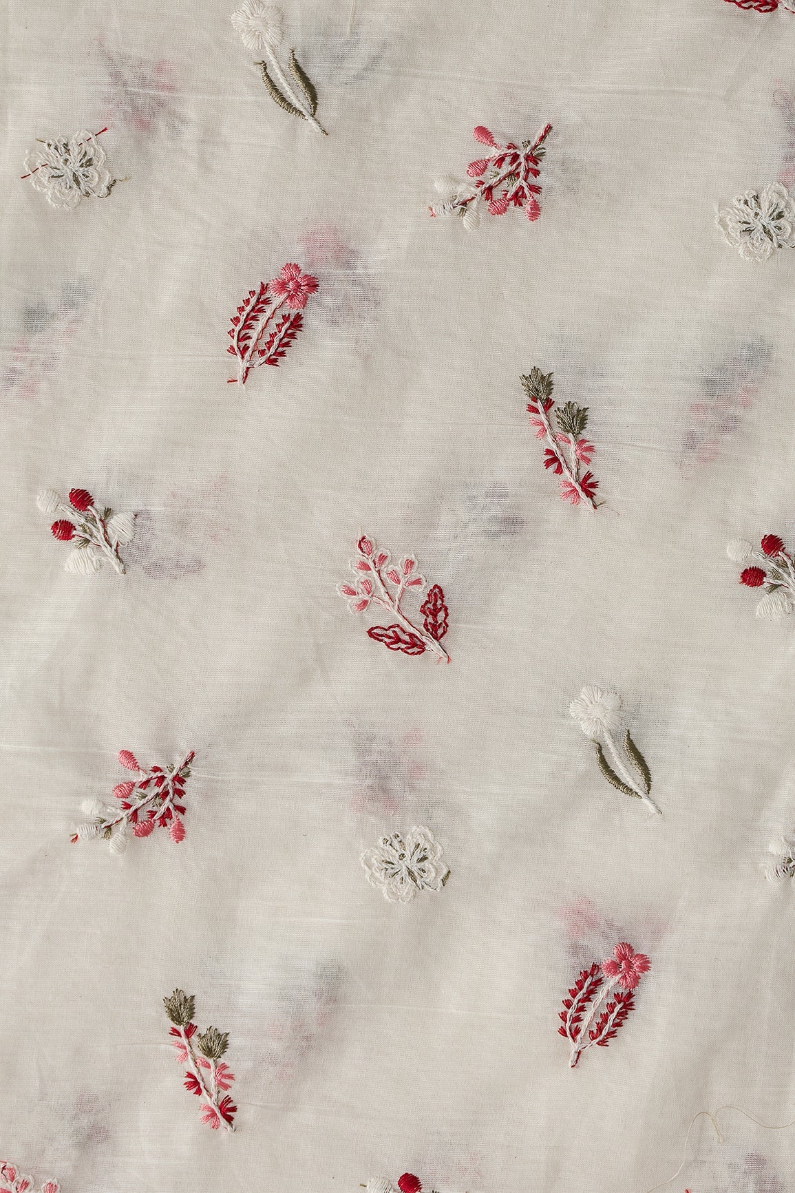 Beautiful Multi Thread Leafy Embroidery Work On Off White Organic Cotton Fabric - doeraa