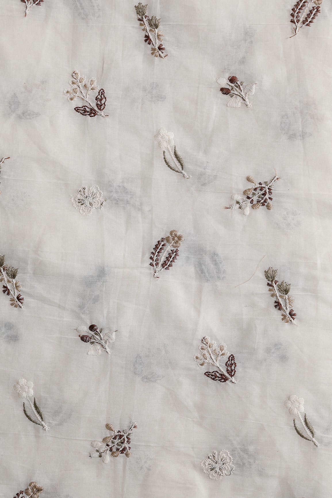 Beautiful Multi Thread Leafy Embroidery Work On Off White Organic Cotton Fabric - doeraa