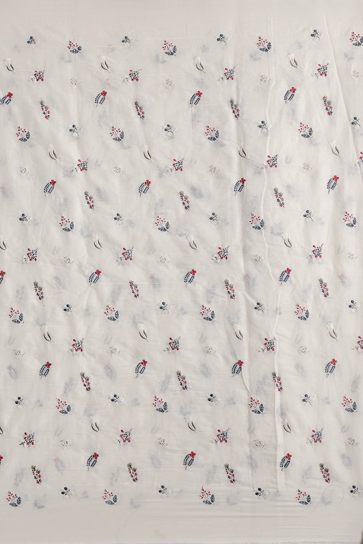 Beautiful Multi Thread Leafy Embroidery Work On Off White Organic Cotton Fabric - doeraa