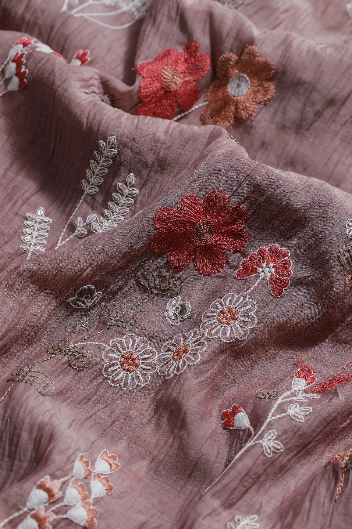 Beautiful Multi Thread With Gold Sequins Floral Embroidery Work On Dark Mauve Pure Mul Chanderi Silk Fabric - doeraa
