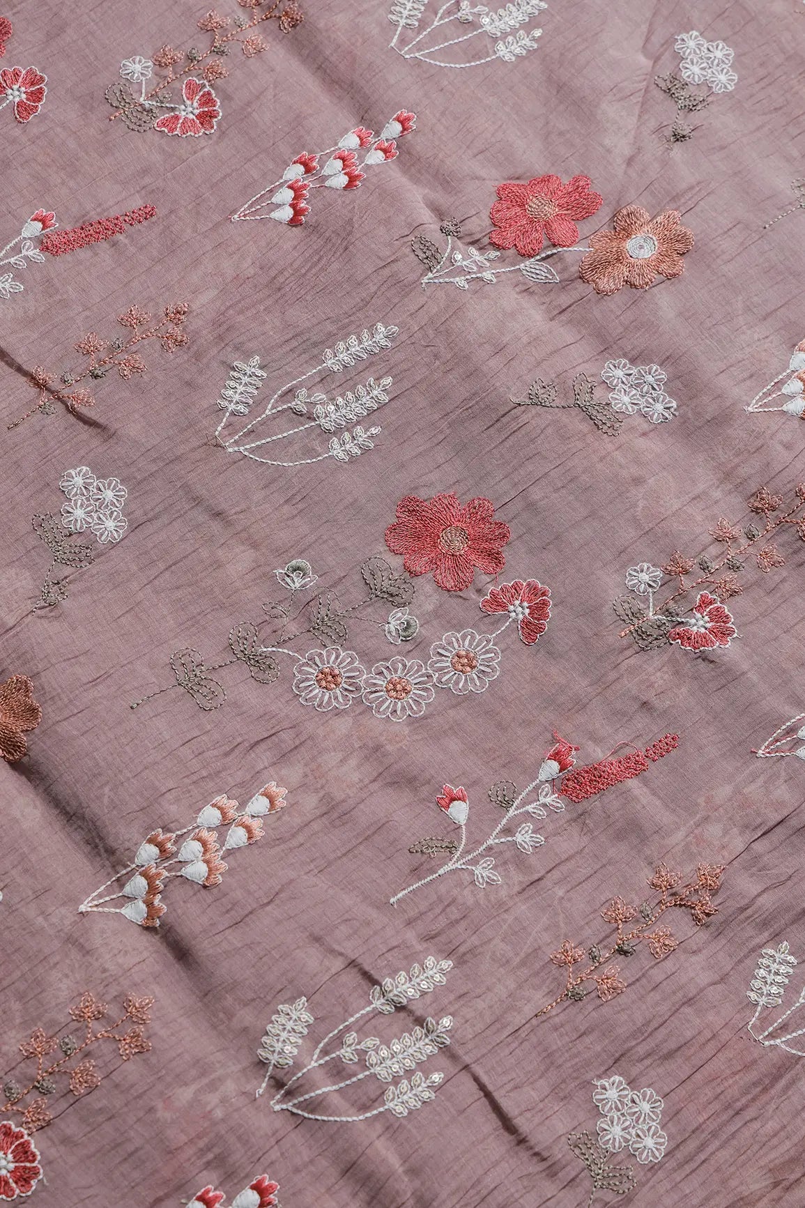 Beautiful Multi Thread With Gold Sequins Floral Embroidery Work On Dark Mauve Pure Mul Chanderi Silk Fabric - doeraa