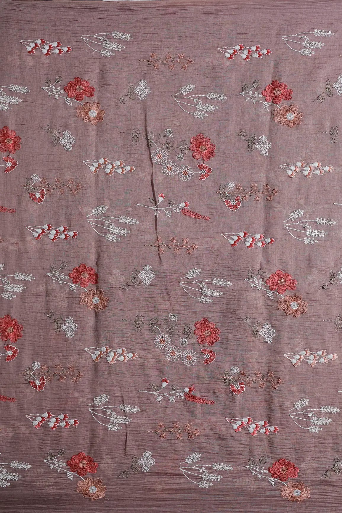 Beautiful Multi Thread With Gold Sequins Floral Embroidery Work On Dark Mauve Pure Mul Chanderi Silk Fabric - doeraa
