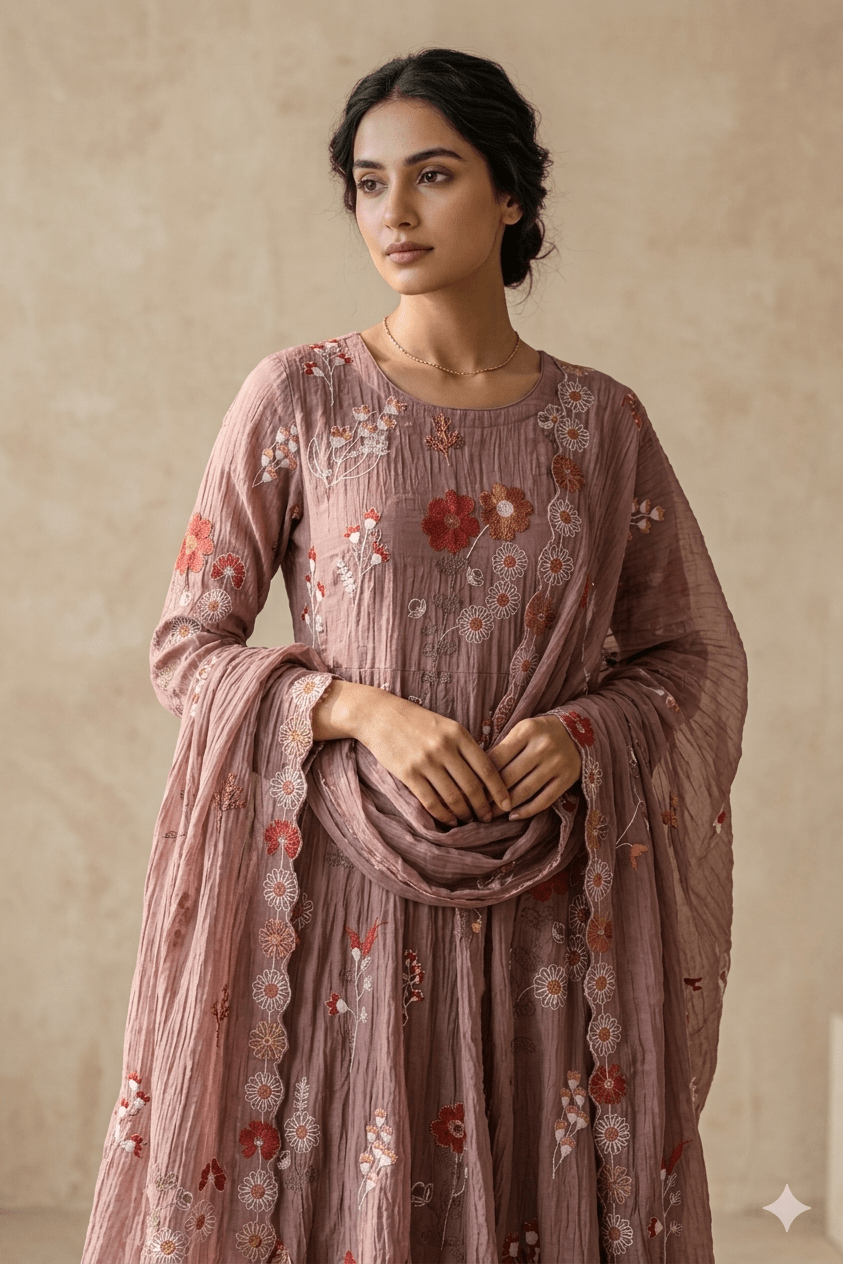 Beautiful Multi Thread With Gold Sequins Floral Embroidery Work On Dark Mauve Pure Mul Chanderi Silk Fabric - doeraa