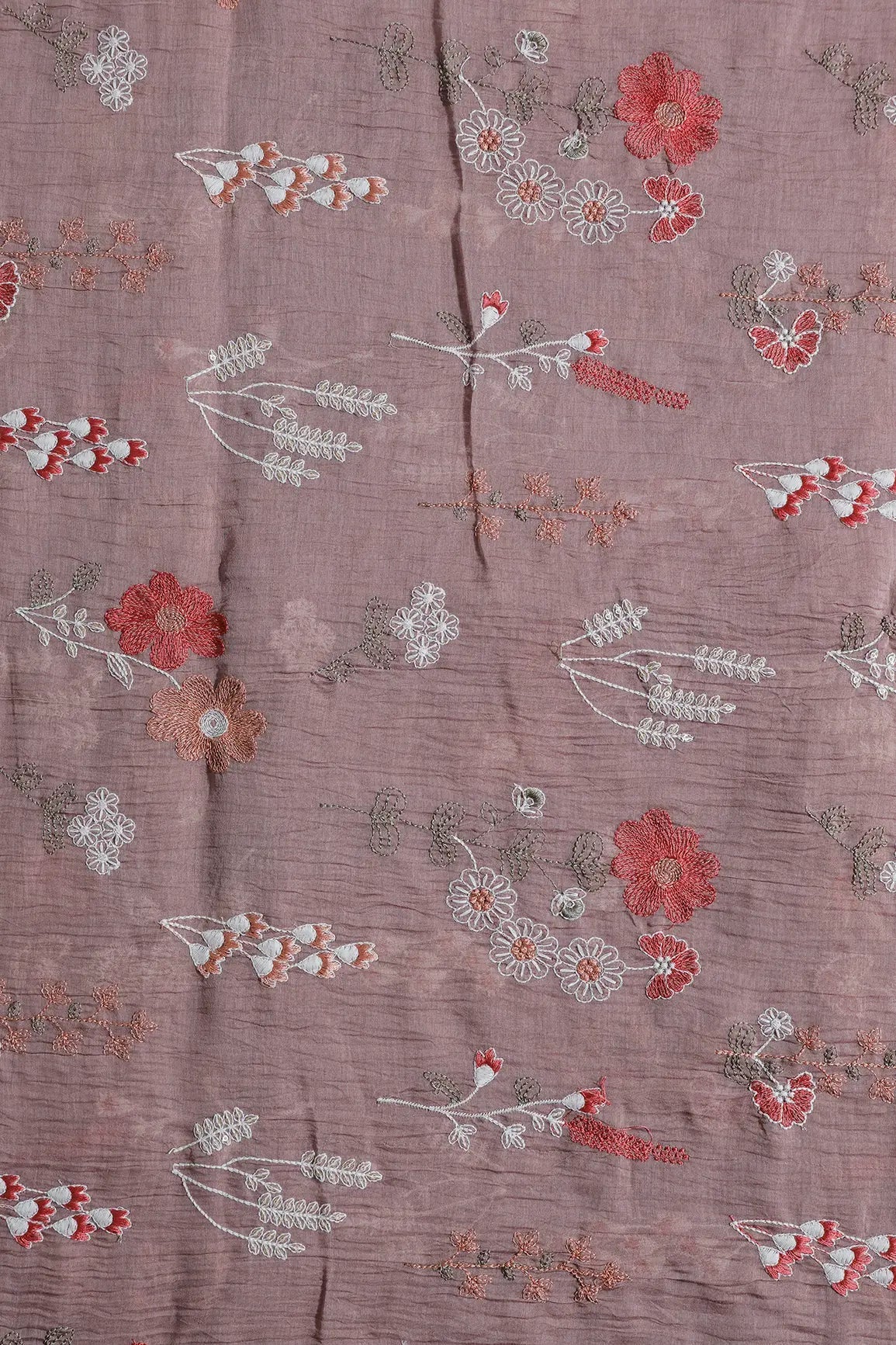 Beautiful Multi Thread With Gold Sequins Floral Embroidery Work On Dark Mauve Pure Mul Chanderi Silk Fabric - doeraa
