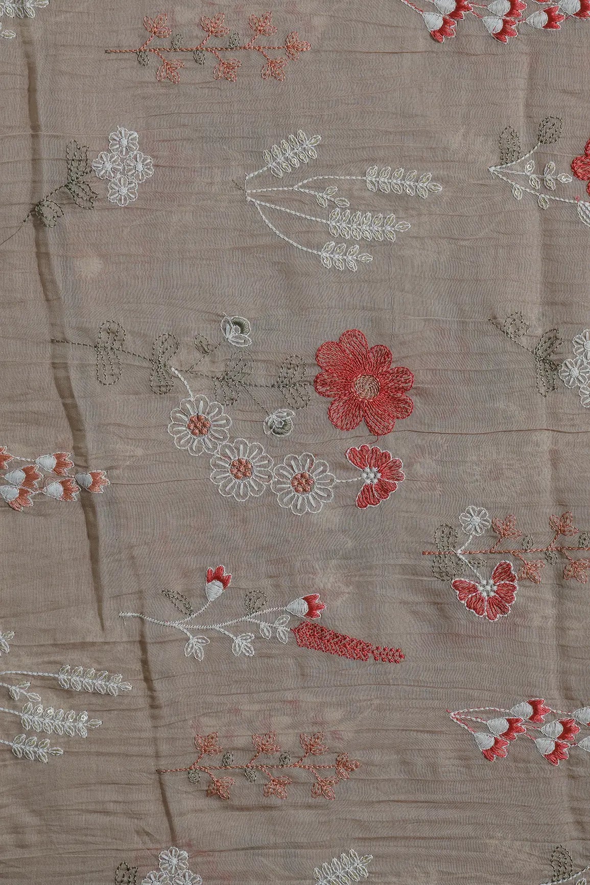 Beautiful Multi Thread With Gold Sequins Floral Embroidery Work On Light Brown Pure Mul Chanderi Silk Fabric - doeraa