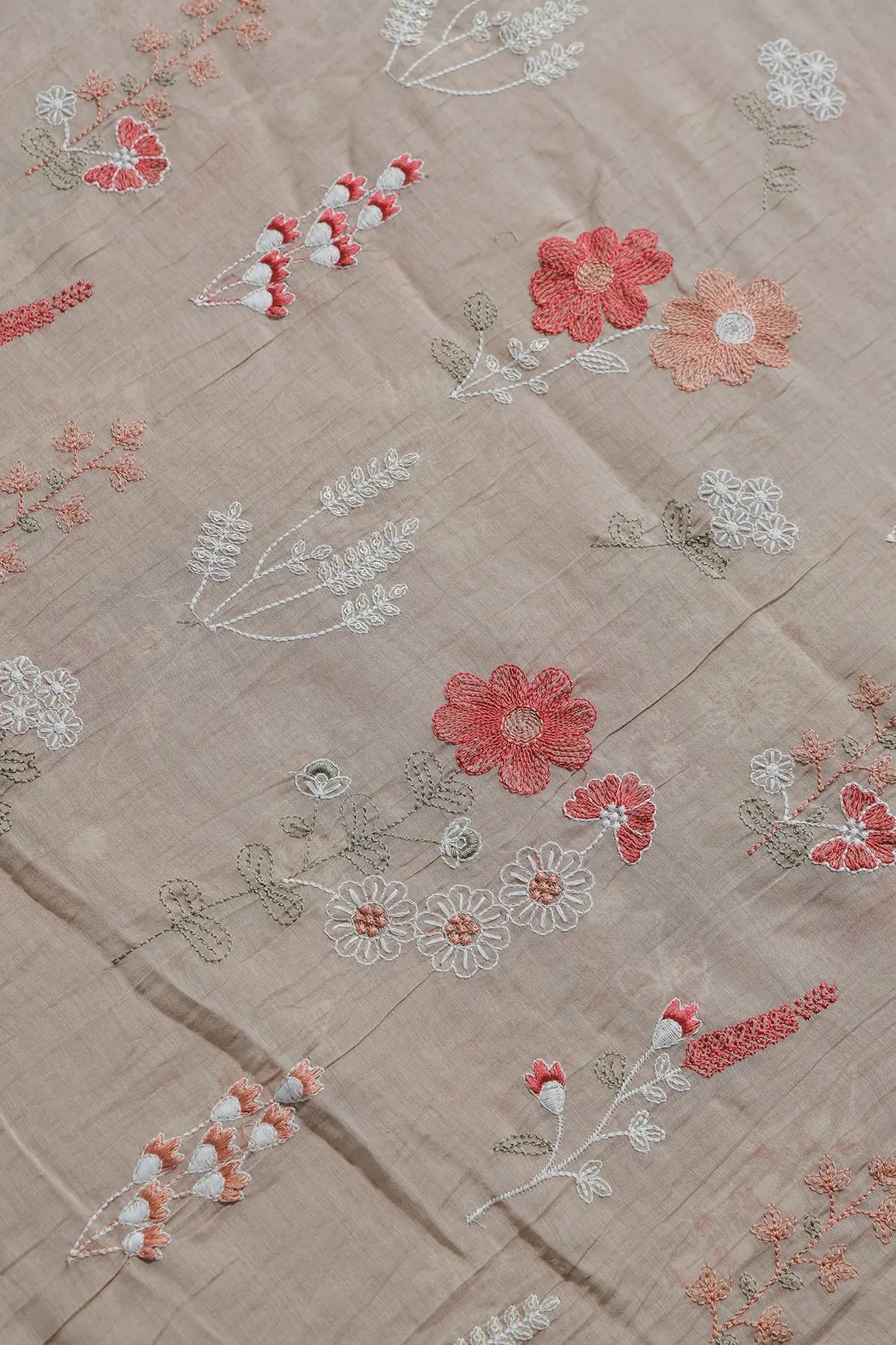 Beautiful Multi Thread With Gold Sequins Floral Embroidery Work On Light Brown Pure Mul Chanderi Silk Fabric - doeraa