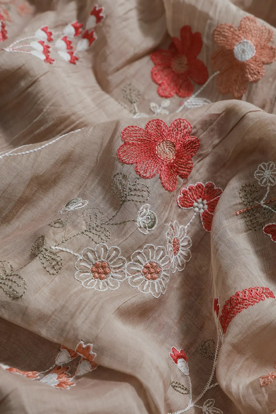 Beautiful Multi Thread With Gold Sequins Floral Embroidery Work On Light Brown Pure Mul Chanderi Silk Fabric - doeraa
